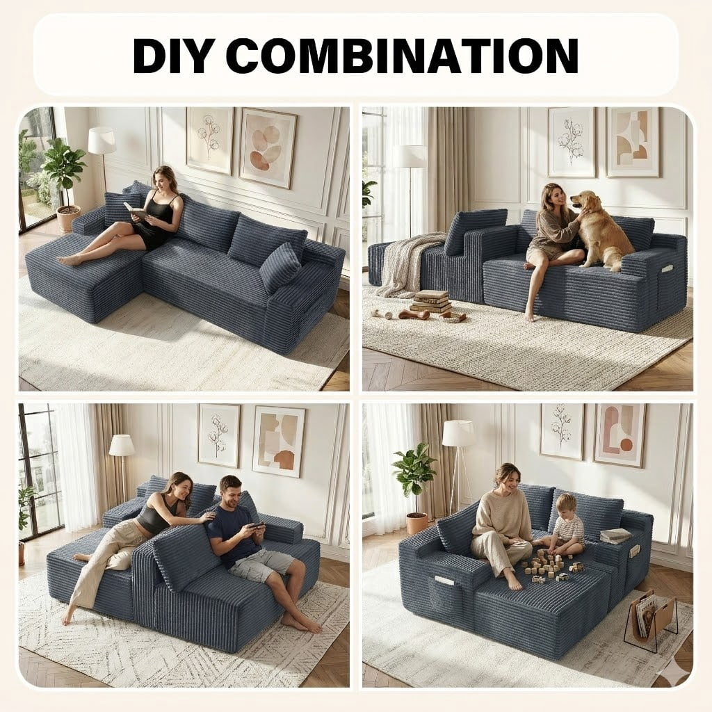 Howcool Boneless Cloud Sectional Couches for Living Room, Comfy Fluffy L Shaped Memory Foam Deep Seat Boneless Couch, 95" Modular Sectional Sofa with Left Facing Chaise,Grey