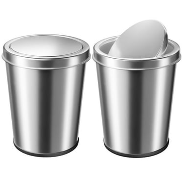 TINANA Small Trash Can with Swing Lid, 1.7 Gallons/6.5 Liters, 2 Pack Stainless Steel Wastebasket with Lid, Cylindrical Garbage Can for Bathroom, Kitchen, and Office, Silver