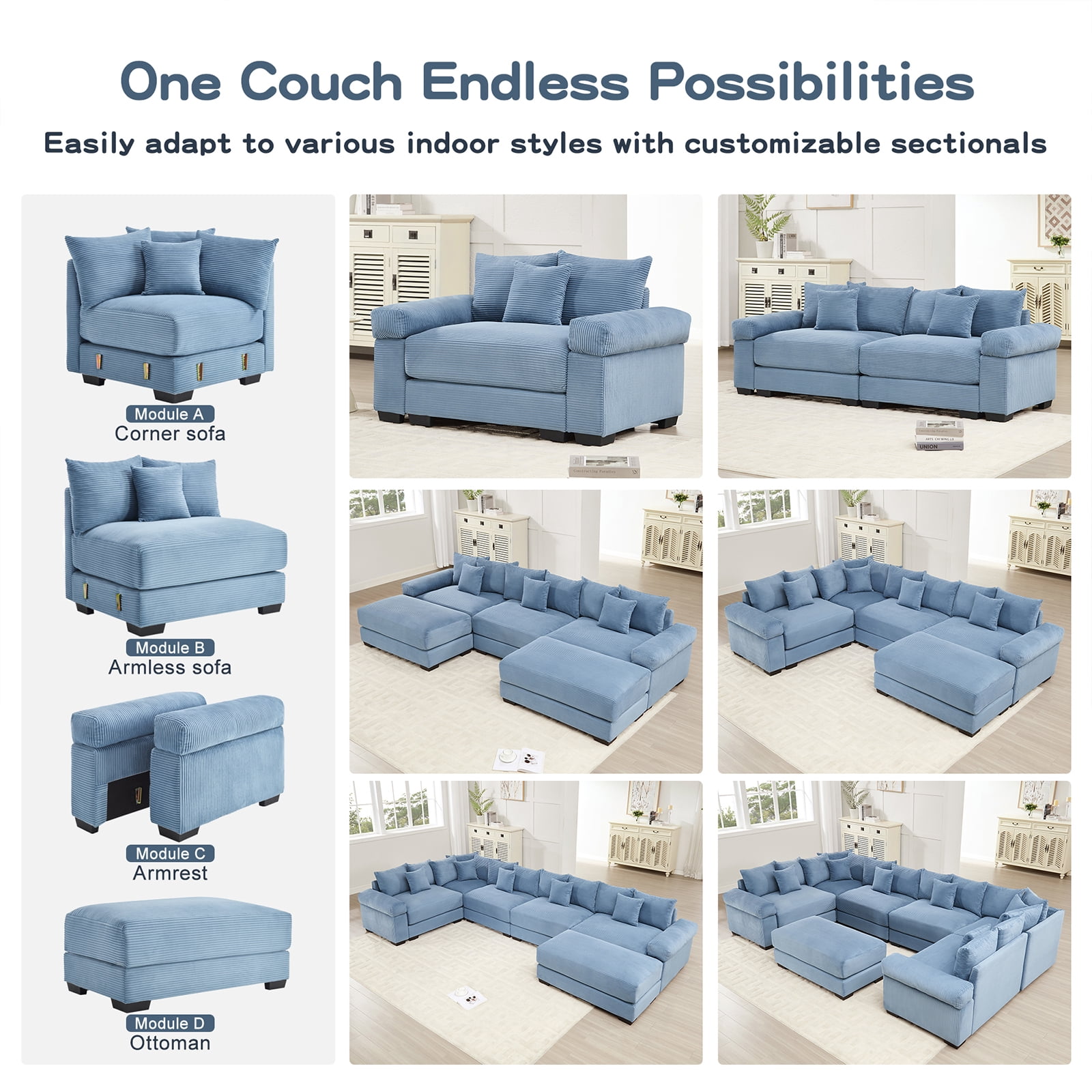 79" Modern Corduroy Sectional Couches for Living Room, Comfortable Corner Couch Sofa, Blue 2 Seater Corner Couch for Flexible Layout, Muebles para la Sala, Oversized Sofa Set