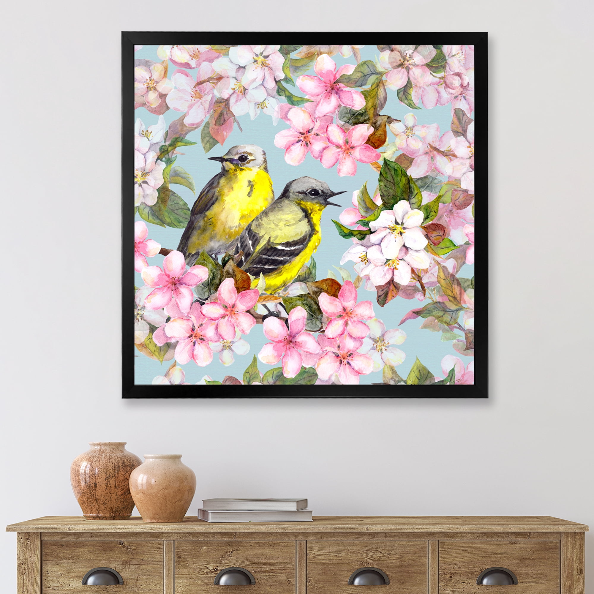 Designart 'Birds On Pink Cherry Sakura and Apple Flowers II' Traditional Framed Art Print