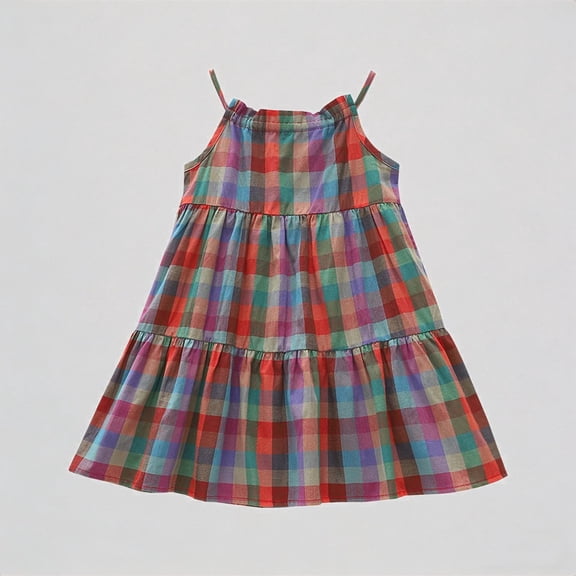 REDARER Girls Colorful Plaid Dress, Spaghetti Strap Tiered Ruffle Summer Dress for Beach Casual Outings,4-5 Years
