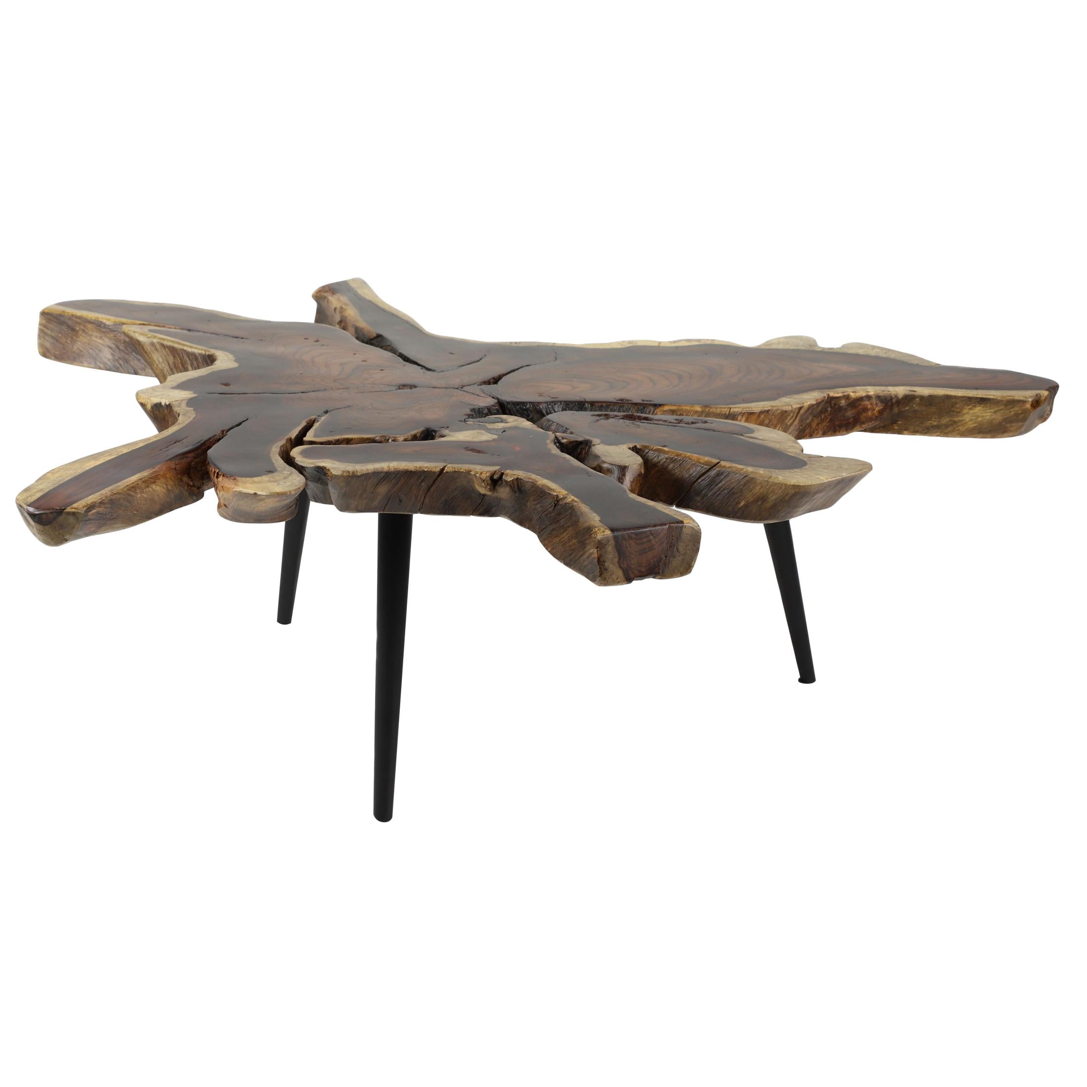 DecMode 32" x 16" Brown Wood Handmade Live Edge Top Coffee Table with Black Metal Tripod Legs, 1-Piece