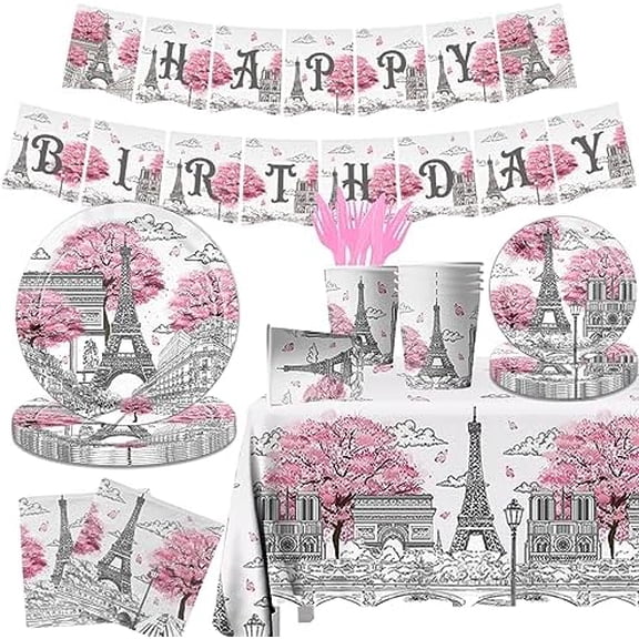 Paris Themed Party Decorations - 142PCS Eiffel Tableware Set Include Plates, Napkins, Cups, Tablecloth for Paris Birthday Party Supplies$$Home Decor, Kitchen, & Other