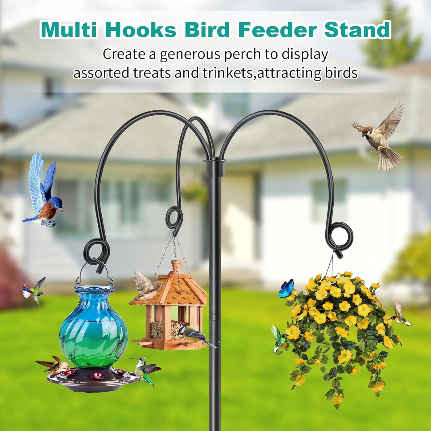 KOLAKO Bird Feeder Pole Stand, Heavy Duty Bird Feeding Station Large Metal Shepherds Hooks for Garden, Wind Proof 76 inch, Black
