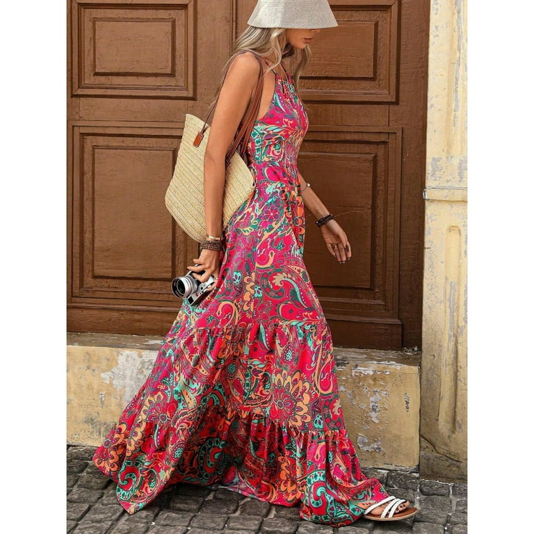 Women'S Boho Halter Print Maxi Dress Sexy Backless Elegant