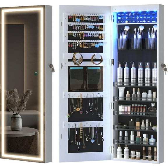 LED Mirror Jewelry Cabinet, Wall/Door Mount Jewelry Armoire Organizer with Lights, Full Length Mirror with Jewelry Storage, Over the Door Hanging Jewelry Cabinet (White)