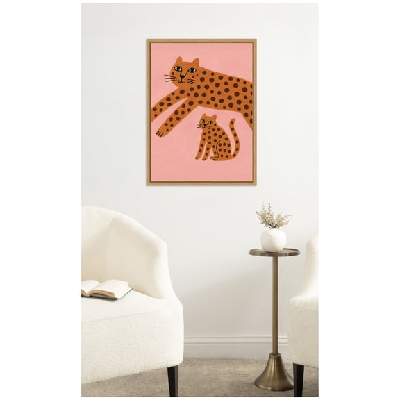 Kate and Laurel Framed Canvas Wall Art Print Leopards Pink by Laura Moss, 18 x 24 Sylvie Natural Frame, Whimsical, Animal Art for Wall Decor