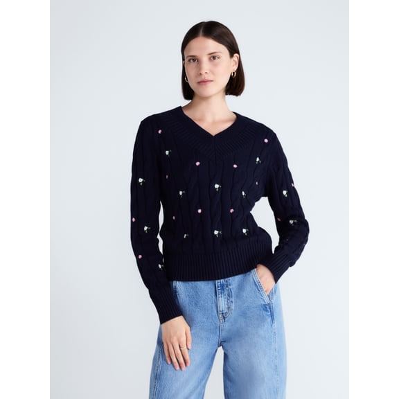 Free Assembly Women's and Women's Plus Cotton Cable Knit Sweater, Midweight, Sizes XS-4X