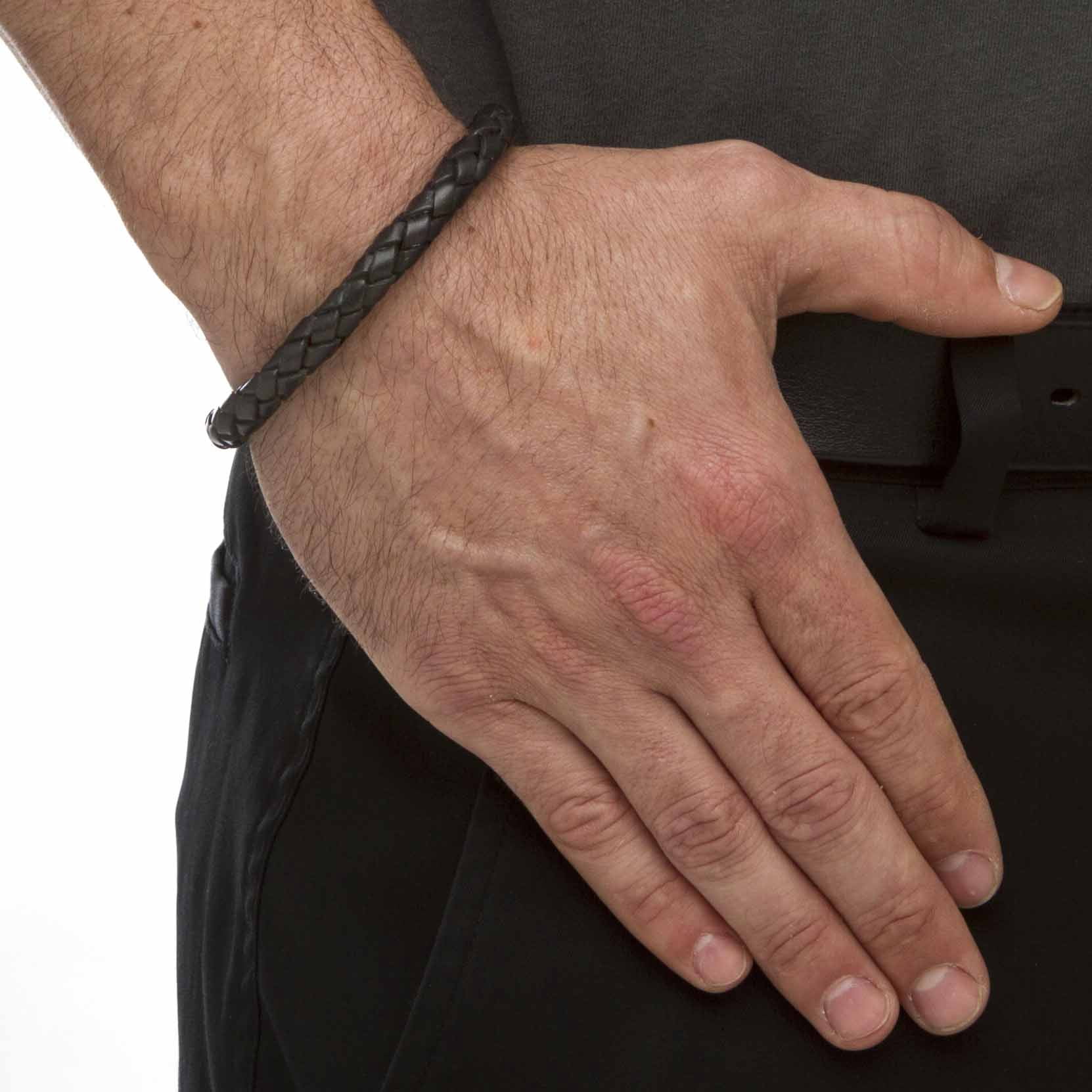 PalmBeach Jewelry Men's Black Leather Bracelet with Stainless Steel Slip Lock Closure 9" or 10"