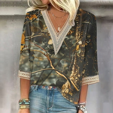 Qhnvtd Women s Winter Crop Vest Patriotic Tees Babydoll Tops For Women Tshirts 2024 Women s Printed Pullover V-neck Lace T-shirt With 3/4 Sleeves Top Khaki