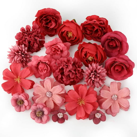 MWOOT 20 Pcs Artificial Flower Heads, Small Faux Flowers for Crafts, Silk Fake Rose Peony Cherry Flowers Heads for DIY Wreath Cake Wedding Bouquet Party Home Garden Decoration (Red)
