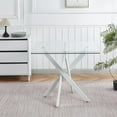 thumbnail image 3 of 36'' Square Glass Dining Table for 2-4, X-Shape White Metal Legs, Glass Tea Table Square Kitchen Table for Small Space, 3 of 16