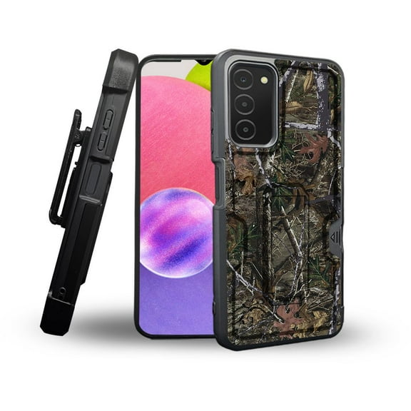ANJ  Rugged Shockproof Holster Case Card Slot Kickstand   Tempered Glass Cover for Samsung Galaxy A03s - Dark Tree Camo