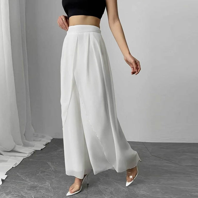 Aimik Women's High Waist Flowy Wide Leg Pants Asymmetric Overlay