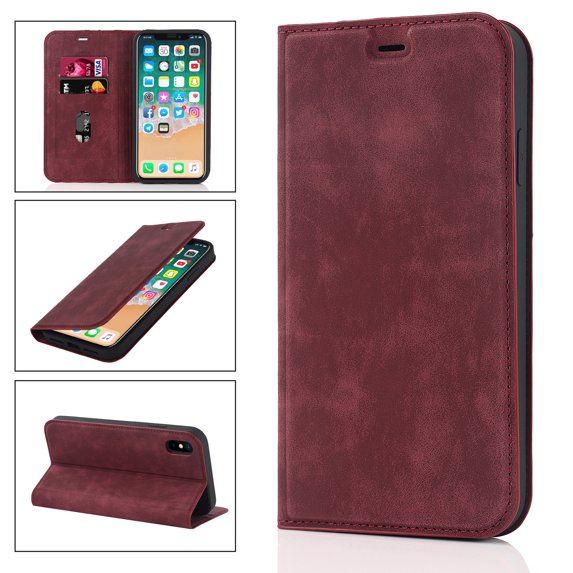 TECH CIRCLE Wallet Case for Apple iPhone X,iPhone XS,Full Protection Plain Leather Magnetic Flip Kickstand RFID Blocking ID Credit Card Slots Phone Case Cover,Red