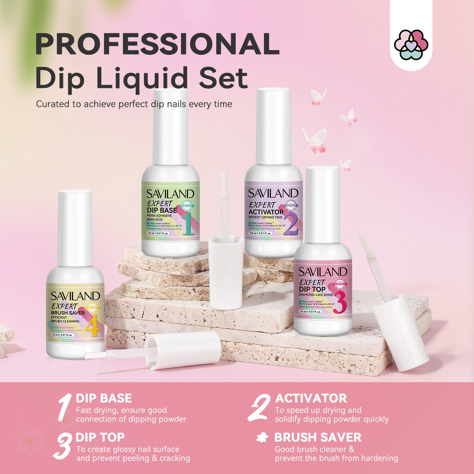 SAVILAND Plus Dip Powder Nail Kit with Drill : 60 g Clear Dip Powder with Dip Base & Top Activator Brush Saver Enrich Castor Oil VE VB for French Nail Art