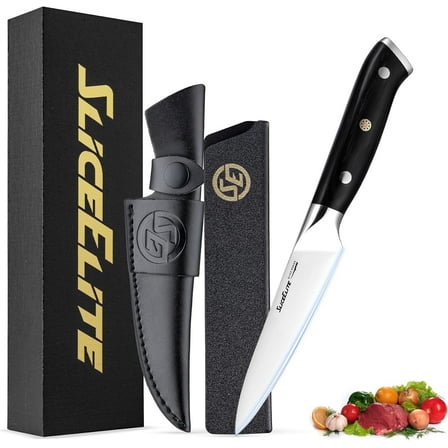 Slice Series 5.5 - Inch Utility Knife – High Carbon German Steel Multipurpose Blade with Ergonomic Pakkawood Handle and Durable Polymer Sheath (Utility Knife with Leather Sheath)