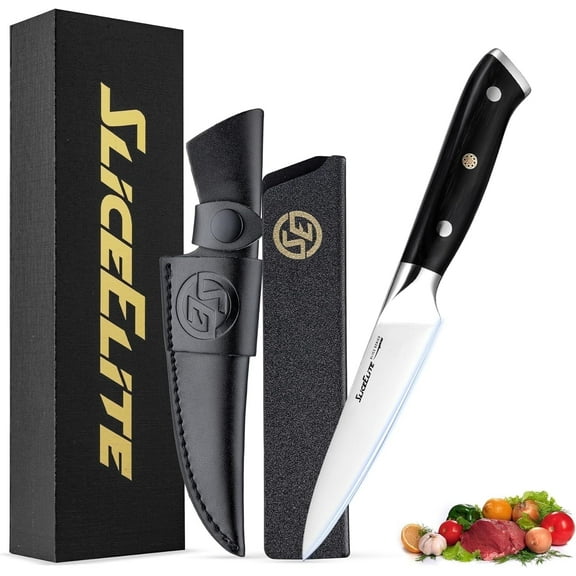 Slice Series 5.5 - Inch Utility Knife – High Carbon German Steel Multipurpose Blade with Ergonomic Pakkawood Handle and Durable Polymer Sheath (Utility Knife with Leather Sheath)