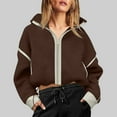 thumbnail image 2 of Womens Fleece Jacket Zip Up Long Sleeve Fall Winter Sherpa Coat Patchwork Stand Collar Sweatshirt Outerwear with Pockets (Brown 2XL), 2 of 6