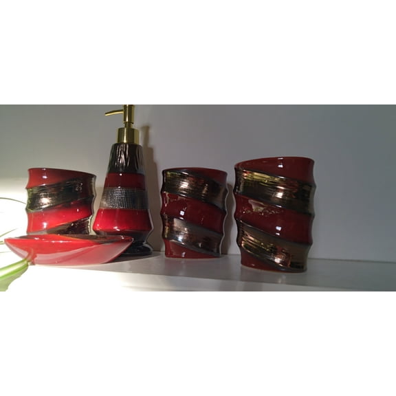 Heavenly Designs Watson Bathroom Accessories - Red and Golden Brown Retro Ceramic Bathroom Set