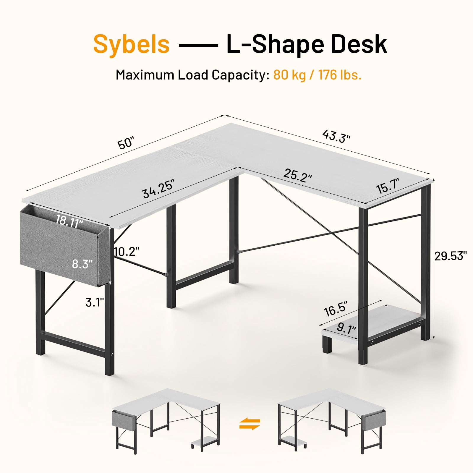 Sybels 50-inch L-Shaped Gaming Computer Desk with CPU Stand & Side Bag, Corner PC Workstation for Home Office, Small Space Saver,White