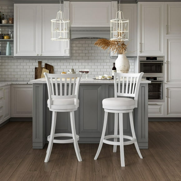 CorLiving Winston White Swivel Indoor Bar Stools Set of 2 with Faux Leather Seat and Vertical Slatted High Back
