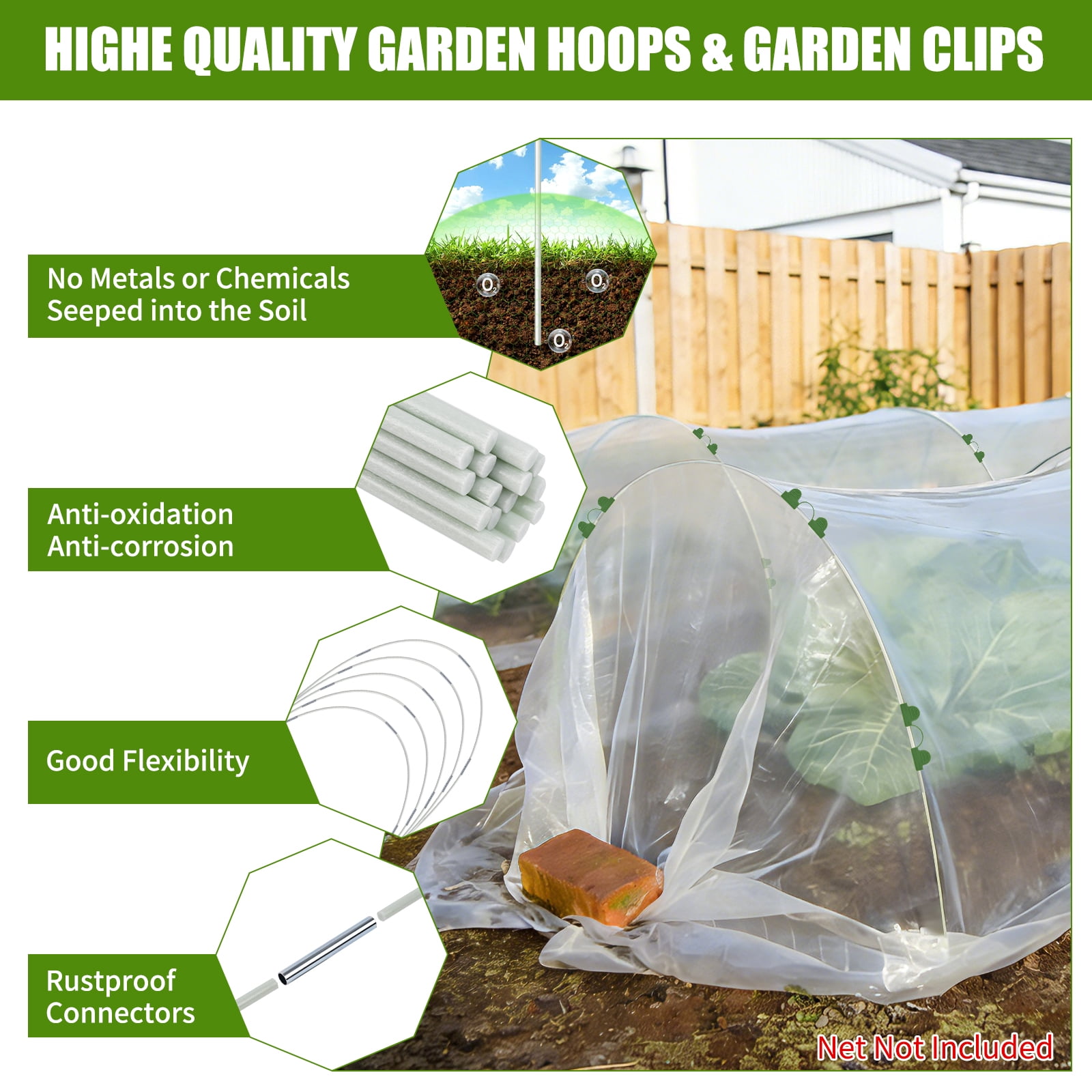 Ktinnead 60 pcs Garden Hoops for Raised Beds, Greenhouse Hoops Kit Grow Tunnel, Rust-Free Fiberglass Garden Support Poles for Insect Mesh Netting Freeze Plant Cover