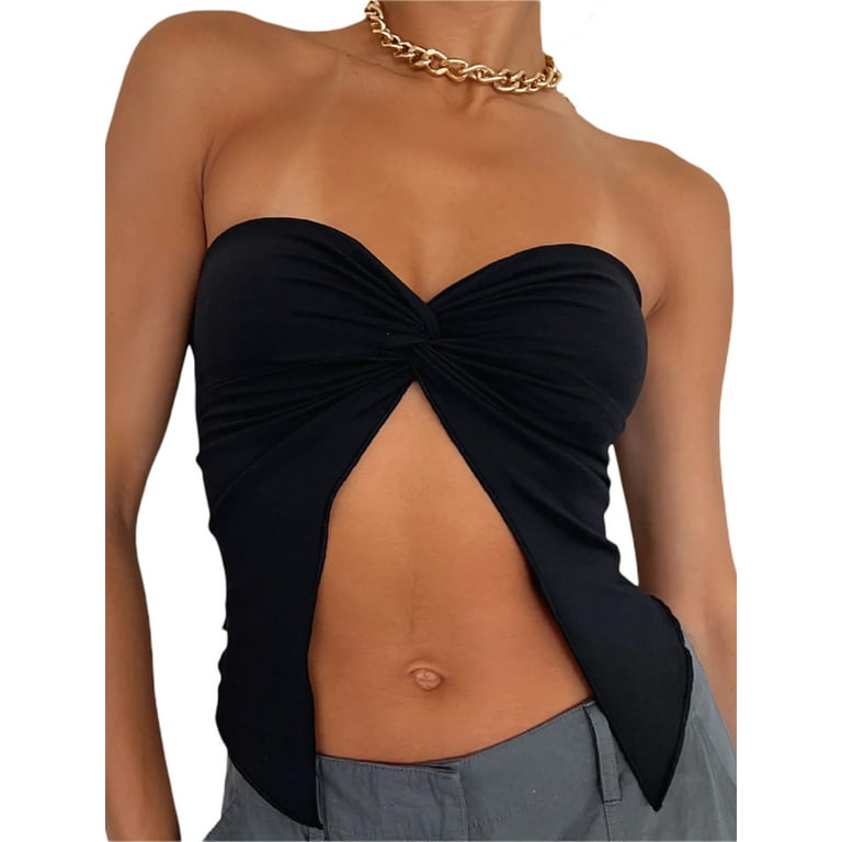 Women Summer Going Out Top Sexy Strapless Wrap Chest Tube Tops Sleeveless  Front Split Shirt Y2K Streetwear
