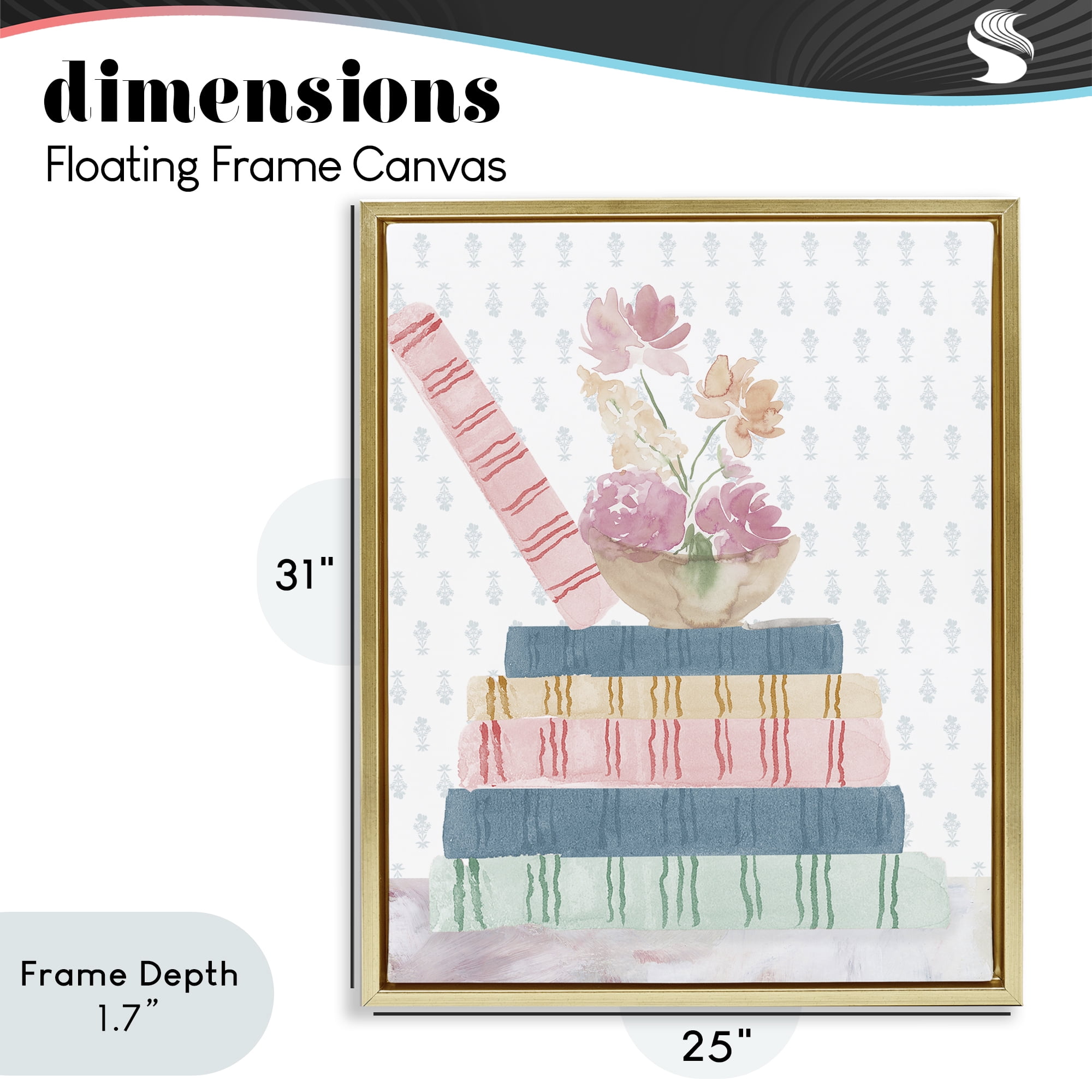 Stupell Industries Pastel Flowers And Books Gold Framed Floater Canvas Wall Art, design by Lucille Price