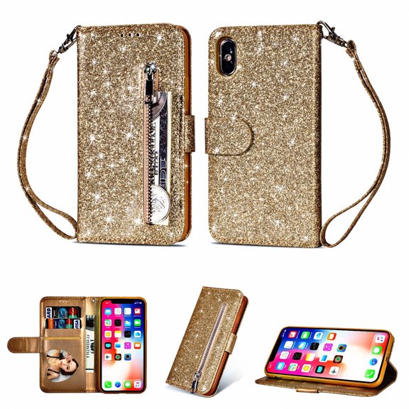 Allytech iPhone XR Case 2018 Released, Premium PU Leather Slim Lightweight Glitter Kickstand Wallet Case with Cards Slots Zipper [Hand Strap] Protective Cover for Apple iPhone XR 6.1", Gold
