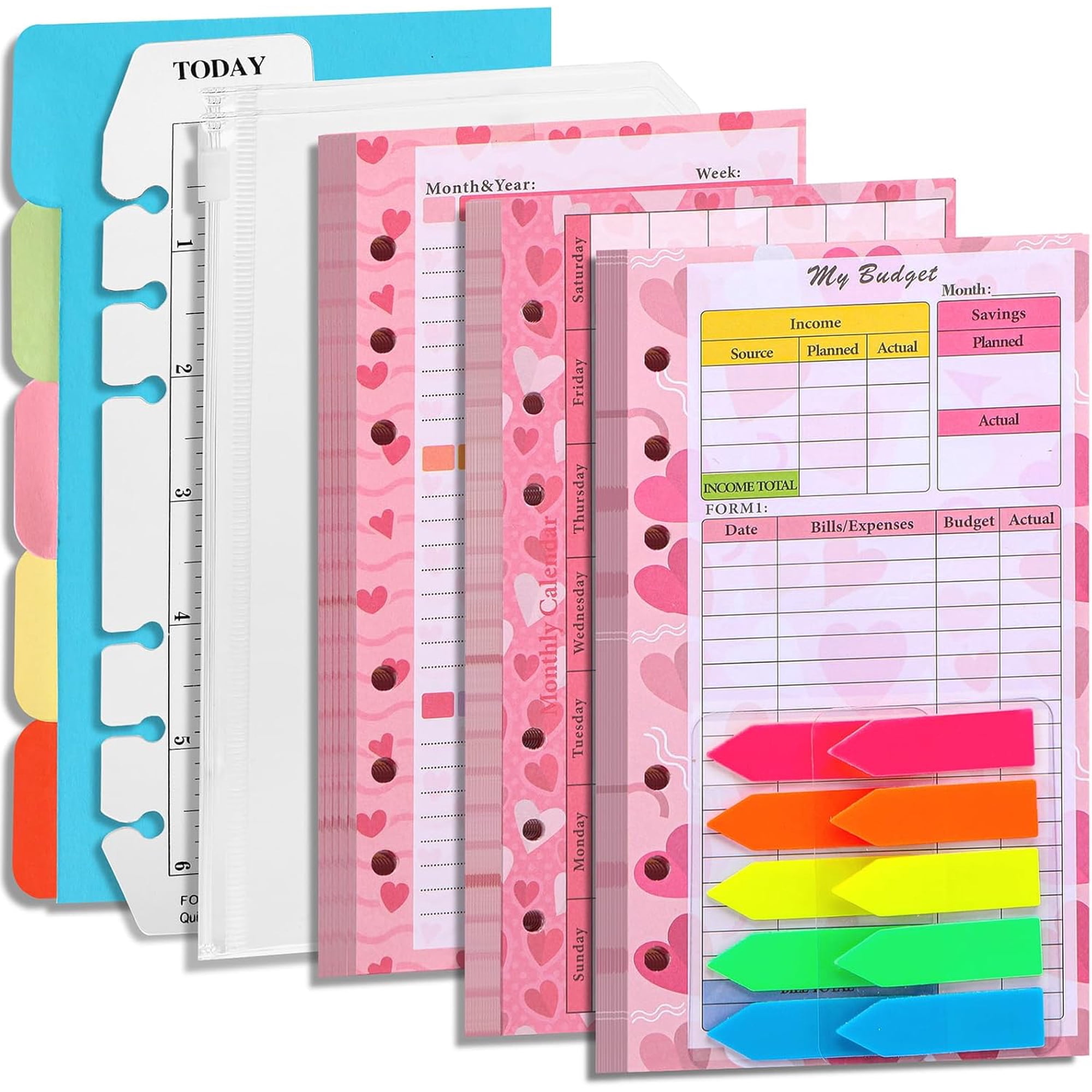 7 Pack A6 Planner Inserts Monthly Weekly Planner Refills Expense Budget Sheets with Money Cash Envelopes Divider Today Ruler Stickers for A6 Binder Cover Organizer, Pink