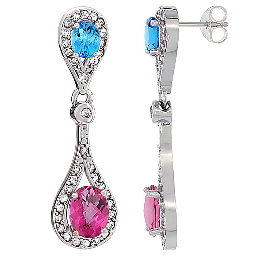 14K White Gold Natural Pink Topaz & Swiss Blue Topaz Oval Dangling Earrings White Sapphire & Diamond Accents, 1 3 8... by WorldJewels