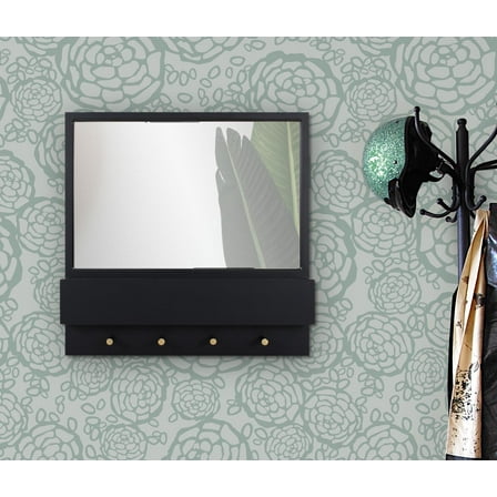 Tyler Dillon Matte Black Wall Mirror with Storage Shelf & Garment Hooks - 24"H x 24"W