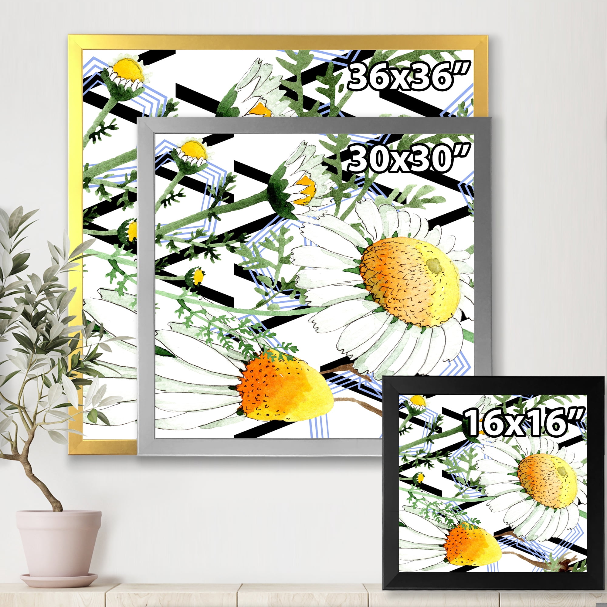 Wild Spring Chamomile Flowers On Geometric Lines 36 in x 36 in Framed Painting Canvas Art Print, by Designart