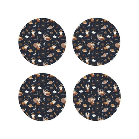 

Drink Coasters Set of 4 Space Music Fox Leather Coasters for Coffee Table Protector Heat Resistant Cute Coasters for Home Decor Housewarming Gifts Bar Kitchen 4 Inch Round Shape