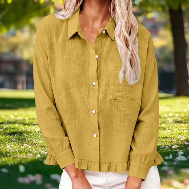 Neewe Womens Smocked Cuffed Striped Plain Shirt Casual Collar Long Sleeve Oversized Button Down Blouse Tops with Pocket Shirred