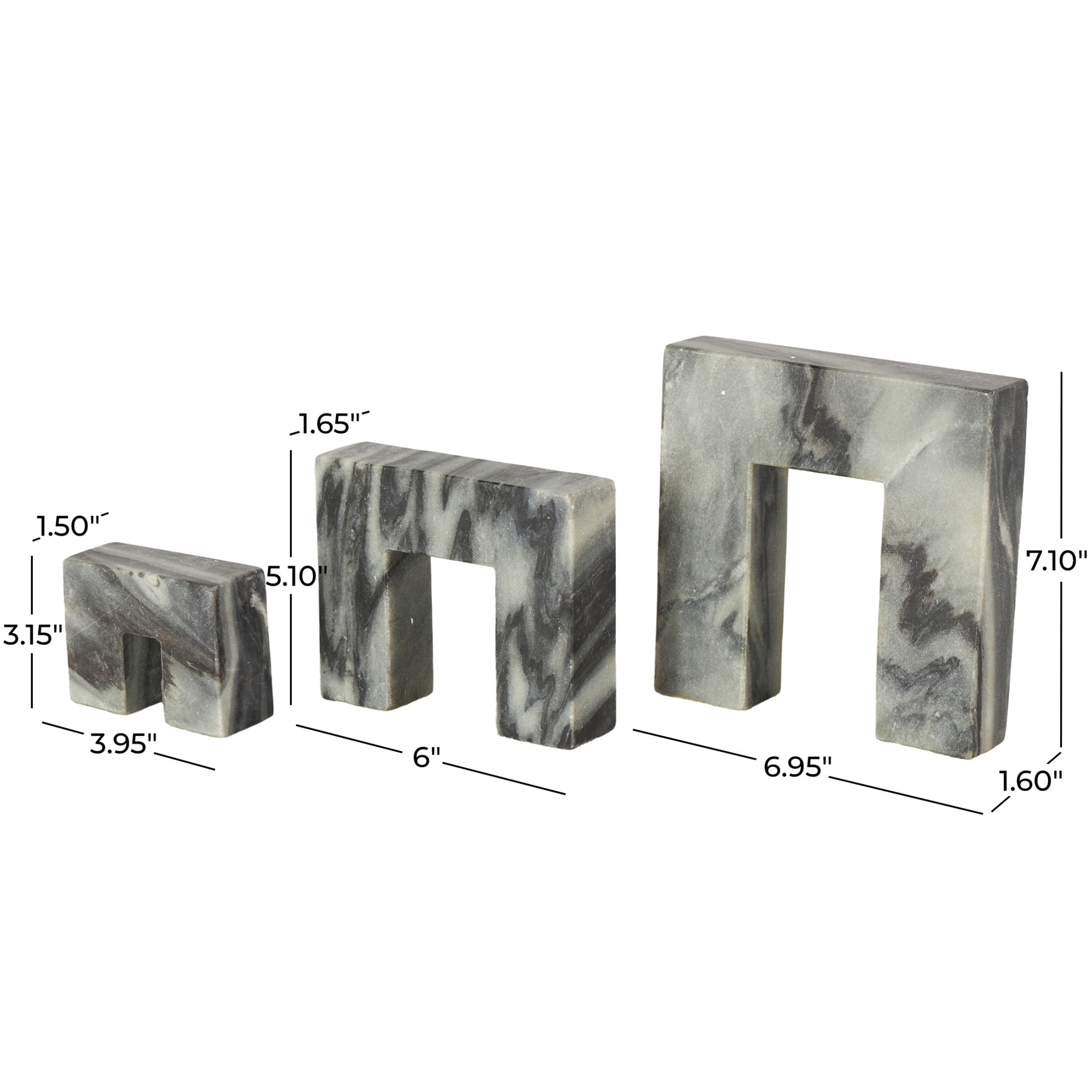 7", 5", 3"H Black Marble Square Arch Abstract Sculpture with Varying Sizes, by DecMode (3 Count)
