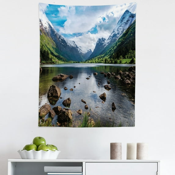 Nature Tapestry, Mountains River and Open Sky Natural Beauties Norway Fjords Nordic Landscape, Fabric Wall Hanging Decor for Bedroom Living Room Dorm, 5 Sizes, White Green Brown, by Ambesonne