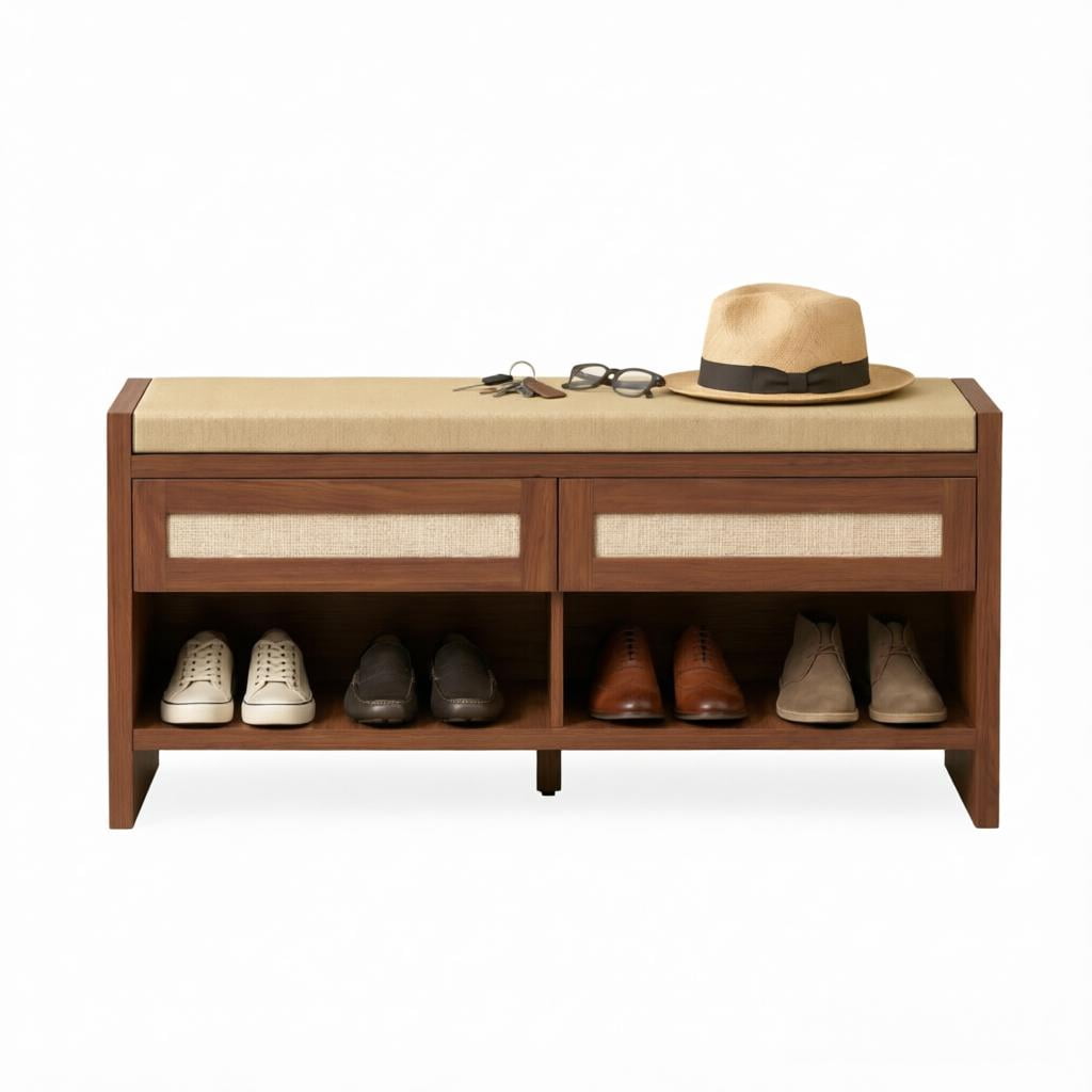 Shoe Bench with Cushioned Seat, 2 Rattan Drawers and Open Storage Shelf