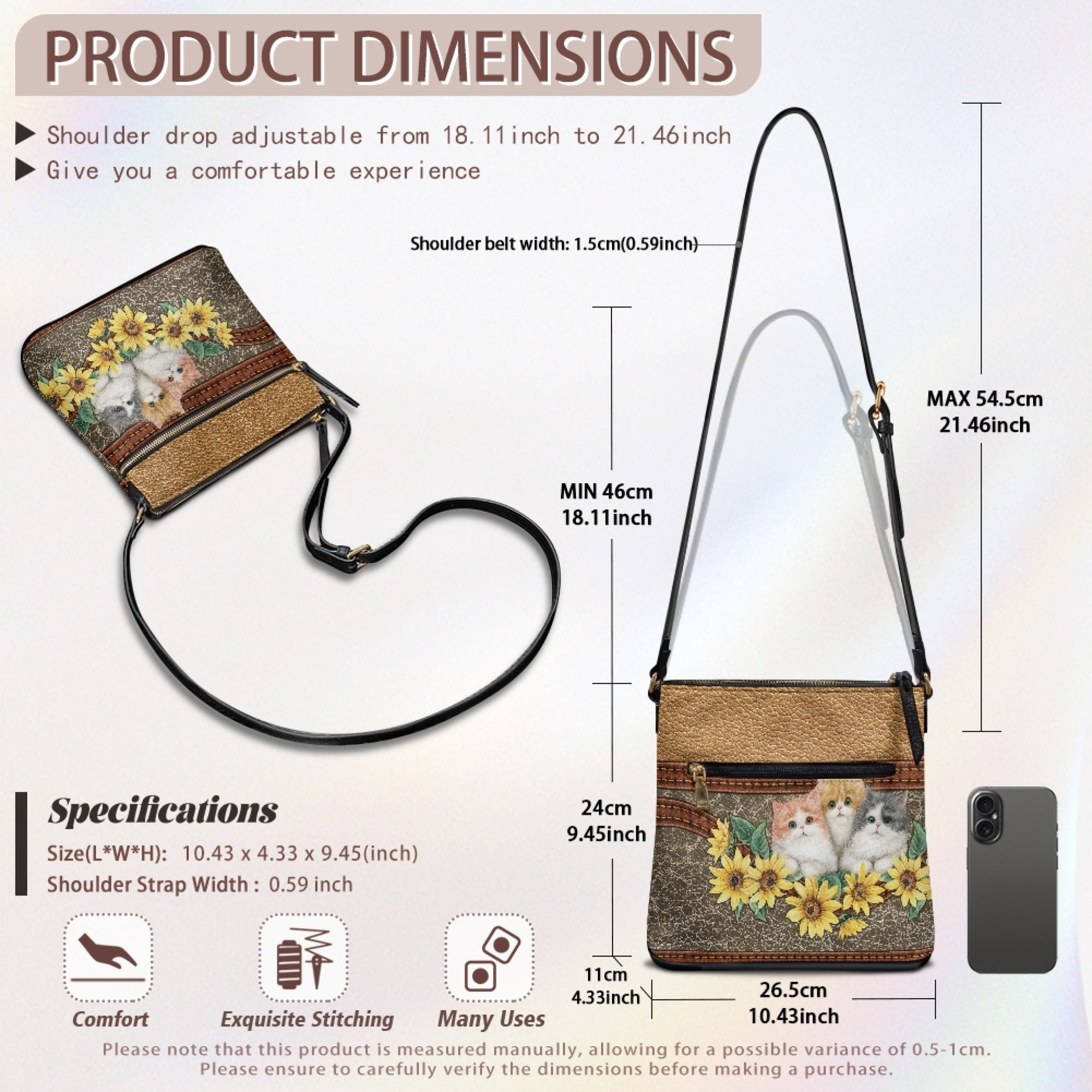 Kuiaobaty Cat Sunflower Print Crossbody bag for Women, Multi Pockets Vegan Leather Sling Purse with Adjustable Strap, Medium Size Roomy Messenger Handbag Crossbody for Travel