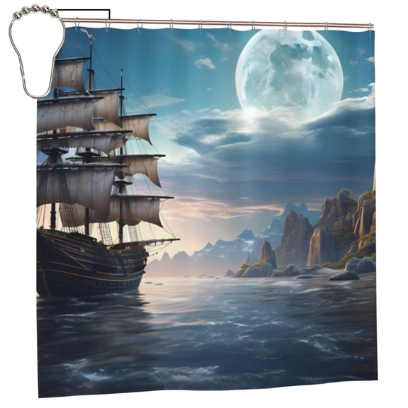 Rateoe Moonlit Sea Sailboat Shower Curtain - Fancy Bathroom Shower Curtain Sets - Waterproof Shower Curtain with Hooks with 12 Plastic Hooks 72x72 Inches