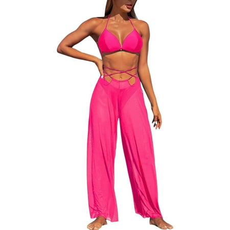 JIANJIA Womens Swimsuits Solid Color Halter Brassiere With Thongs Long Mesh Pants Beach Swimsuit Three Piece Tankinis Swimwears Bathing Suits Pink Xl