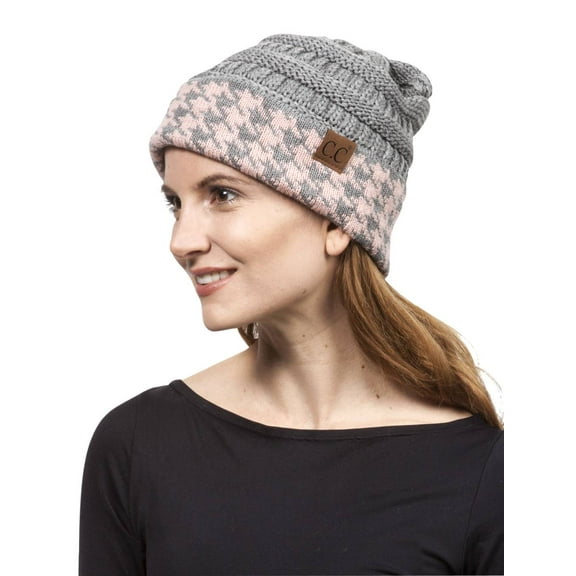 Gravity Threads Houndstooth Cuff Knit Beanie, Grey/Indie Pink