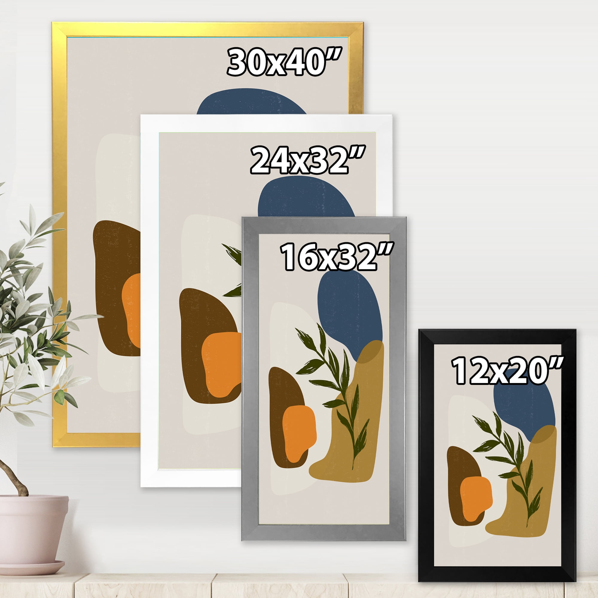 Designart 'Green Leaf With Botanical Minimalist Shapes' Modern Framed Art Print
