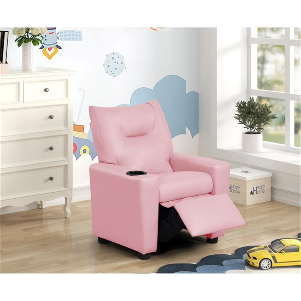 Perline 23"W Pink PU Leather Fabric Kids Recliner Chair with Cupholder