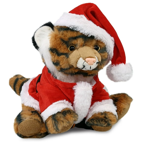 DolliBu Santa Squat Tiger Stuffed Animal Plush Toy - Super Soft Dress Up with Red Santa Claus Outfit, Cute Wild Life Animal Tiger Gift Perfect Holiday Christmas Gift - 8 Inches
