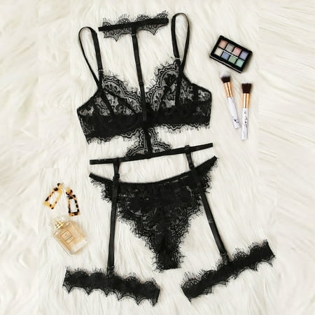 

Exquisite Lace Lingerie Bra+Garter+Briefs Set Cut-Out Sleepwear Note Please Buy One Size Larger