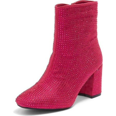 

Top Moda Women Ankle Boots Block High Heels Rhinestone Bling Short Booties Side Zipper HESTER-15 Hot Pink Fuchsia 7