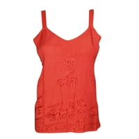 Mogul Women's Red Top Strappy Cami Tank Top Embroidered V Neckline Tank Tops S