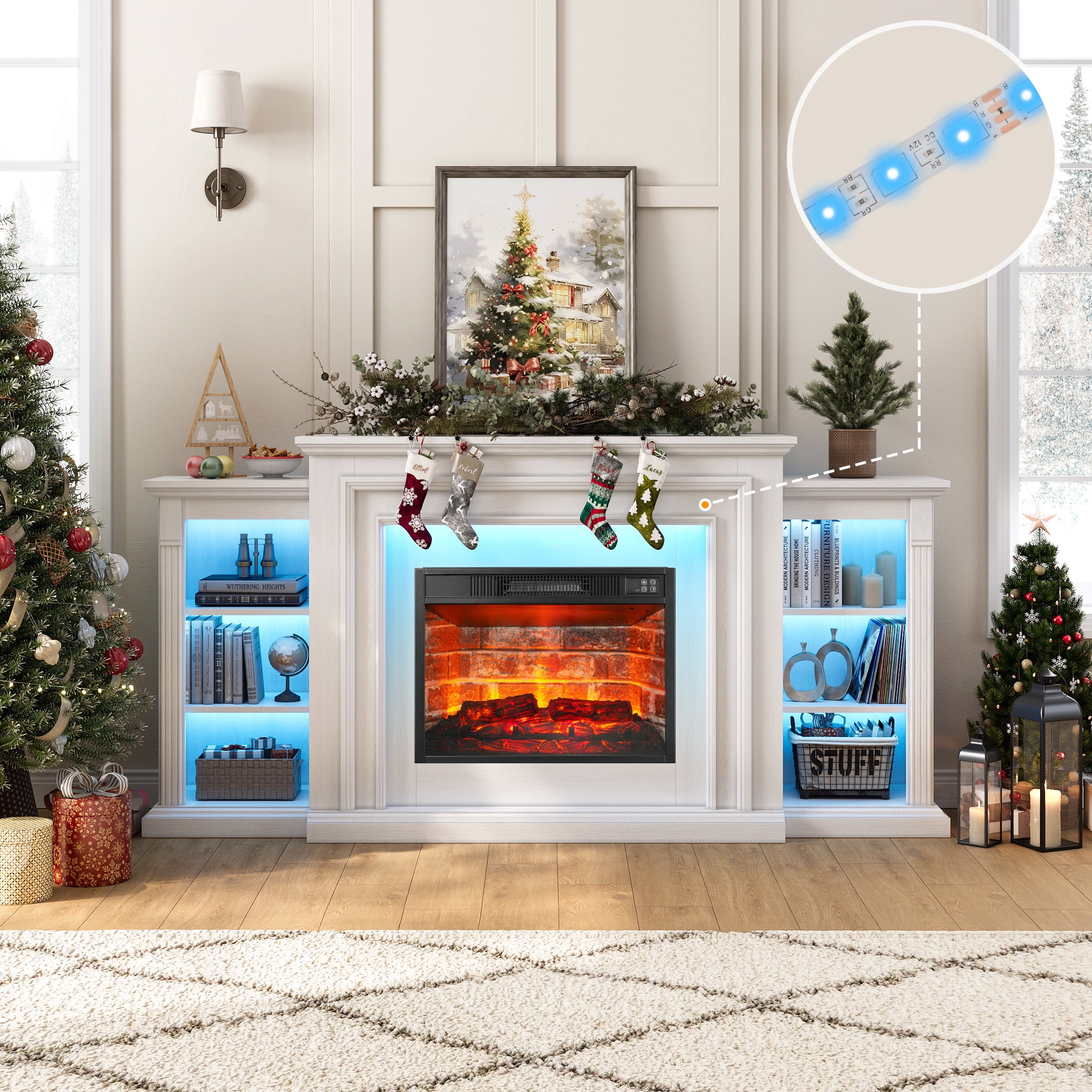 72-Inch Electric Fireplace TV Stand with Mantel, White Entertainment Center for TVs up to 80", Modern LED Media Console